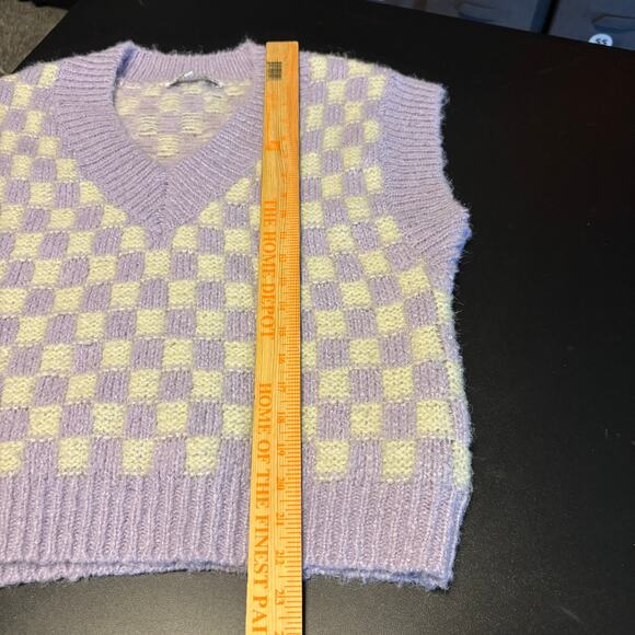 English Factory Sweater Vest Fuzzy Knit Academia Checkered Purple Yellow Women S - Picture 3 of 6